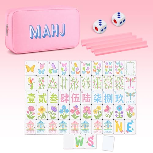 Soulchen Mini American Mahjong Tile Set Include 160 0.8 Inch Mahjong Tiles 2 Dice 4 Wooden Rulers 1 Accessory Bag 4 Beginner Rule Cards (Butterfly & Floral) - style: Butterfly & Floral