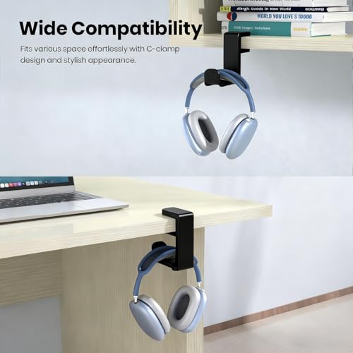 360 Degree Rotating Headphone Stand Under Desk Hanger Clamp Mount Universal Headset Holder Hook (White) - color: White