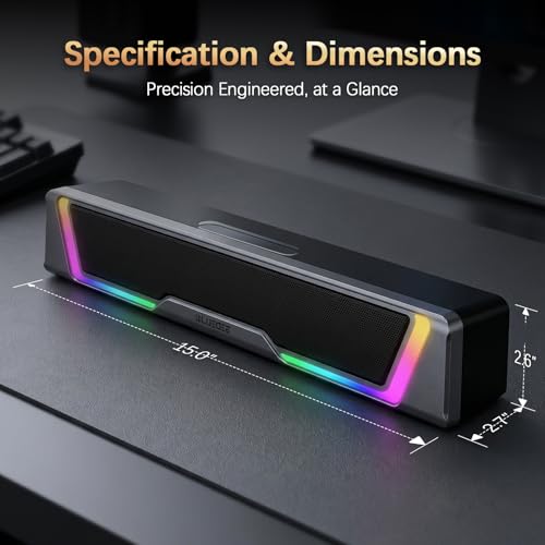 Bluedee Computer Speakers for Desktop PC, AUX Wired Computer Sound Bar | USB Powered, Plug & Play, PC Speakers for Desktop & Laptop, RGB lights, Inline-Controlled, Compact Design, Gaming Speakers