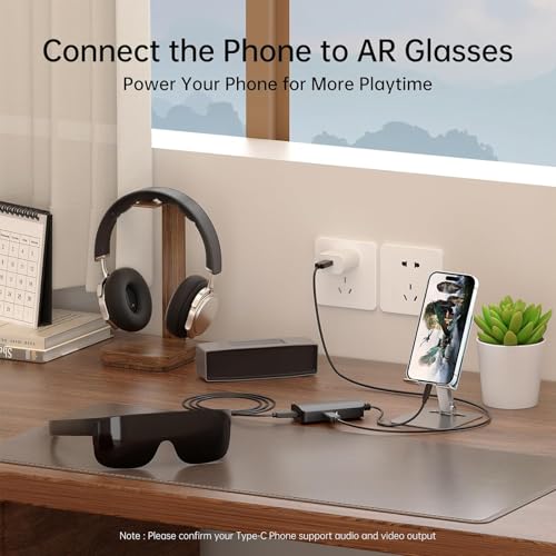 USB C to AR Glasses with Charging Adapter Enables Multi-Screen Enhanced 3D 4K@60Hz PD 100W Compatible for iPhone 15/16 Viture/Rokid/Xreal AR Glasses - color: Black