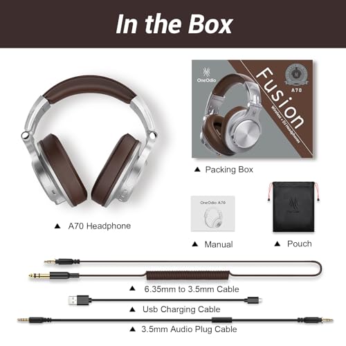 OneOdio A70 Bluetooth Over Ear Headphones, Wireless Headphones w/ 72H Playtime, Hi-Res, 3.5mm/6.35mm Wired Audio Jack for Studio Monitor & Mixing DJ E-Guitar AMP, Computer Laptop PC Tablet - Silver - color: Silver