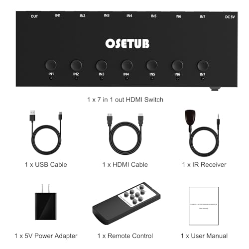 HDMI Switch 7 in 1 Out 4K@60Hz, 7 Port HDMI Switcher Selector Support HDR & HDCP 2.2 & Full 3D Compitable with Nintendo Switch,Xbox PS5/4,Fire Stick,Roku,Apple TV for Gaming & Home Entertainment - size: 4K@60Hz 7 in 1 Out HDMI Switch