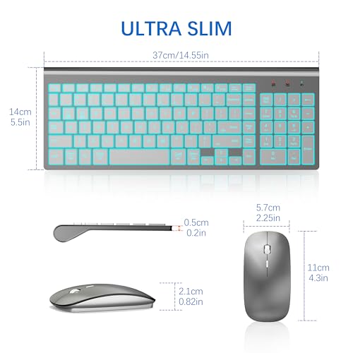 Wireless Backlit Keyboard and Mouse Ultra Slim Combo, TopMate 2.4G Silent Compact 2400DPI Mouse and Scissor Switch Keyboard Set, Batteries Included, for PC/Laptop/Windows/Mac/Gaming - BL Gray Silver - color: BL Gray Silver