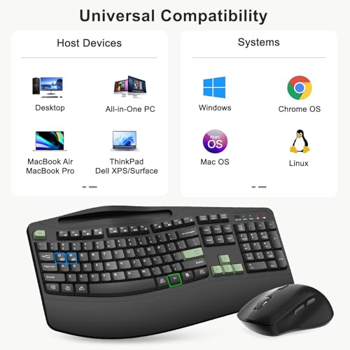 Wireless Keyboard and Mouse Combo, 2.4G Ergonomic Wave Keys(AvocadoGreen) | Full Size Ergonomic Keyboard with Wrist Rest, Phone Holder, 3-Level DPI Silent Mouse with 6-Buttons,for Windows/Mac OS/Laptop - color: Black and Avocado Green