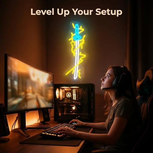Anime Style Lightning Sword Neon Sign - Yellow & Blue LED Wall Art, USB Powered Dimmable Graffiti Light with 6-Level Brightness, Acrylic Backboard Hanging Lamp for Gaming Room, Bedroom, Man Cave (16.5 x 6.3 Inch) - color: YELLOW