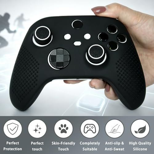 Anti-Slip Black Controller Skin,Studded Edition Protective Silicone Cover Skin Grips Compatible with Xbox Series X/S Controller and 6 PCS Thumb Grips Caps. - color: Black