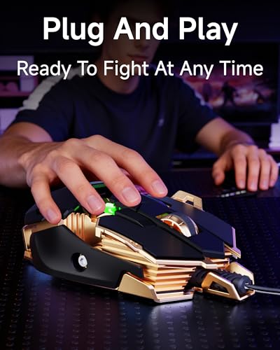 EWEADN G5 Wired Gaming Mouse with Adjustable Tail, 12800 DPI Programmable Computer Mouse with RGB Backlit, 9 Macro Buttons, Rapid Fire Key & Aluminum Base Ergonomic PC Mice for Laptop, PC-Black&Gold - color: Black&Gold