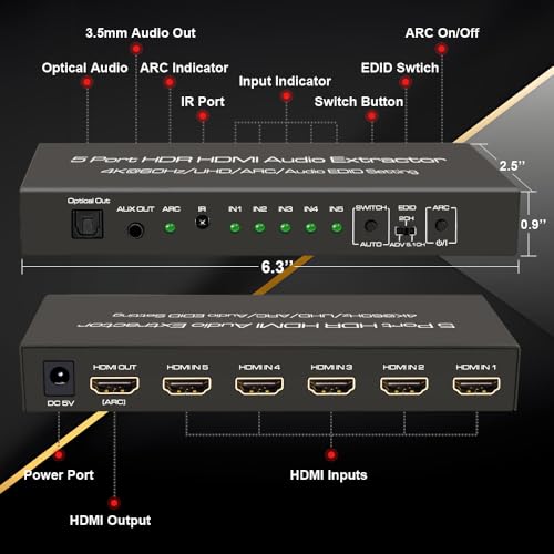 SkycropHD 4K@60Hz HDMI Switch Audio Extractor Converter, 5 in 1 Out HDMI Switcher with Optical & 3.5mm AUX Audio Output, Support HDCP 2.2, HDR10, 18Gbps, ARC