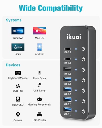 Powered USB Hub, ikuai 7-Port USB 3.2 / USB C Hub, with 3 10Gbps Data Ports (2 USB-C + 1 USB-A) and 4 USB A 3.0 Ports for PC Laptops - size: 7-Port USB 3.2 Hub