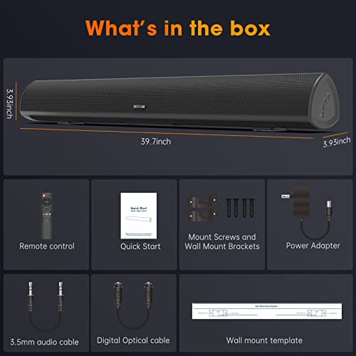 100Watt 40 Inch Soundbar, BESTISAN Sound Bar Wireless and Wired Audio Bluetooth 5.0 TV Speakers with HDMI-ARC Function (2023 Beef UP Version, DSP Audio, Bass Adjustable, Wall Mountable) - color: 40inch black