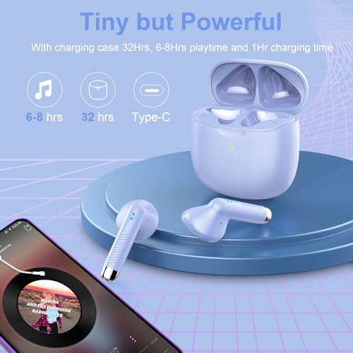 Wireless Earbuds, Bluetooth 5.4 Earbuds Stereo Bass, Bluetooth Headphones in Ear Noise Cancelling Mic, Earphones IP7 Waterproof Sports, 32H Playtime USB C Charging Case Purple Ear Buds for Android iOS - color: Glossy Purple