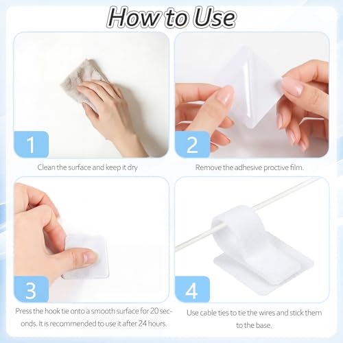 Cable Management Under Desk Detachable Cable Straps, White, 20 Pack | Heavy Duty Hook and Loop Cable Ties, Removable, Leave No Trace, Hold Up to 15 Cables, Home Office Organizer Accessories - color: White