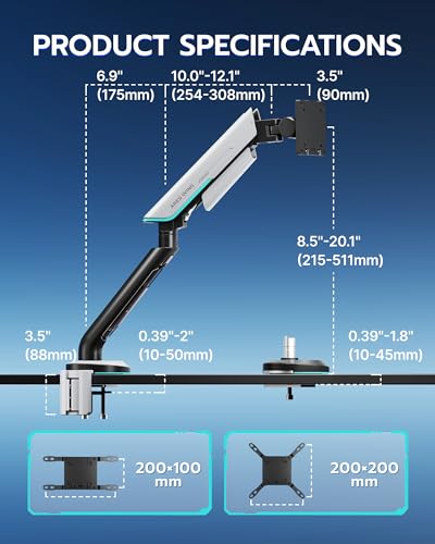 Single Gaming Monitor Arm for 24"-57" Screen, White | Computer Monitor Stand Holds Up to 60LBS - color: WHITE, style: Non-RGB