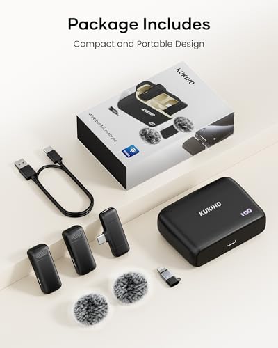 KUKIHO Wireless Lavalier Microphone with Charging Case, 36H Battery Life, Noise Cancellation, 135ft Range, Plug-and-Play Clip-On Mic for iPhone, iPad, Android, YouTube, Vlog, Live Streaming - color: Matte Black, size: With Case