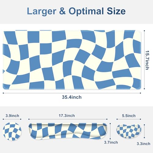 Desk Mat Pad, Gaming Mouse Pad Wrist Support Set, 4 in1 Non-Slip XXL Large Mousepad + Ergonomic Keyboard Wrist Rest+Mouse Wrist Rest+Coaster for Home Office Computer I Blue White Checker - color: Blue White Checker