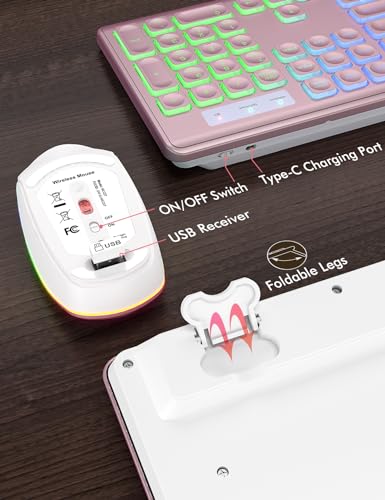 Wireless Keyboard and Mouse Combo, RGB Backlit, Trueque KM42Pro | RGB Rainbow Backlit, Rechargeable Keyboard Mouse, Sleep Mode, 2.4GHz Wireless, Silent Soft Typing, USB-C Adapter - color: Rose Pink