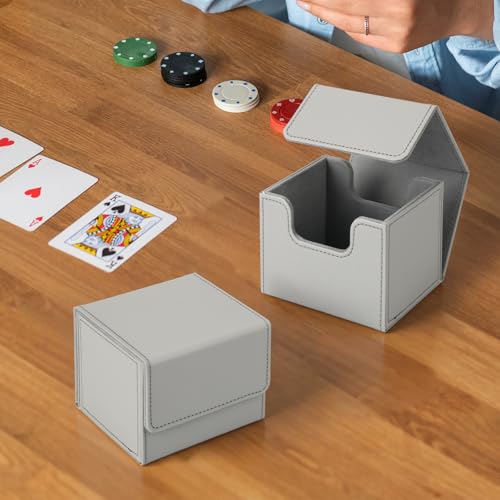 Homakover Trading Card Storage Box, Card Deck Case for Trading Cards 100, Leather Magnetic Closure Commander Deck Box Fit for MTG and Sport Cards (Grey)