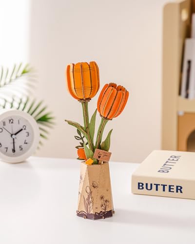 rowood Orange Tulip Wooden Flower,DIY Artifical Flower Building Set Craft Kit for Adults,Mother's Day/Valentine's Day for Mom/Women/Grandma - style: Orange Tulip