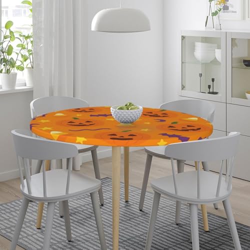 Famame Halloween Pumpkin Cute Candy Round Fitted Tablecloth with Elastic Protector Table Kitchen Dinner Waterproof Oil-Proof Table Covers Fits 40"-44", Small - color: Halloween Pumpkin Candy, size: Small (40"-44")