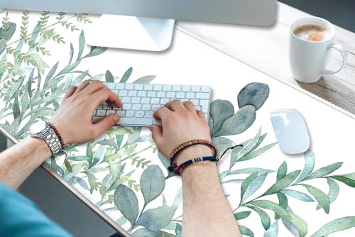 XXL Waterproof Office Desk Pad Protector 35.4x15.7 Inch - Extended Gaming Mouse Pad with Non-Slip Rubber Base, Thickened Keyboard Mat, Stitched Edges & Green Plants Design - color: A-green