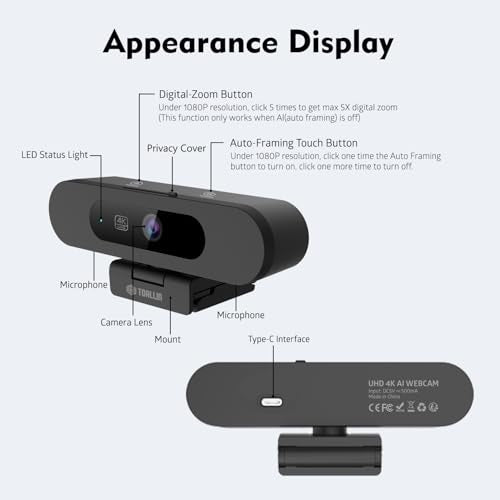 TOALLIN 4K AI Webcam with WDR, Auto Light Correction, AI Tracking with Auto-Framing, Auto-Focus, 5X Adjustable Digital Zoom, Built-in Dual Noise-Canceling Mics, 92° FOV Webcam for Online Video Calls - style: 4K AI Auto-Framing Webcam