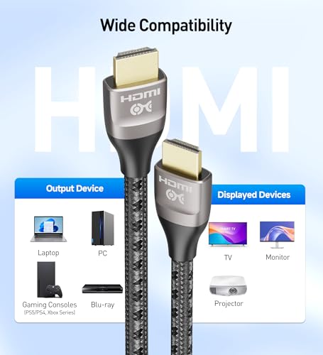 Cable Matters Premium Braided 48Gbps 8K HDMI Cable, 9.8ft/3m | 8K@60Hz, 4K@240Hz, HDR, Graphite Black, Compatible with PS5, Xbox Series X/S, RTX/RX GPUs, Apple TV - size: 9.8 ft