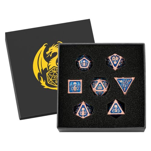 Metal Dice Set, Octopus Pattern, 7pcs Polyhedral Metal DND Dice Set, DND Starter Set, D&D Gifts with Gift Box, Role Playing Board Games Accessories, Red Copper Border Blue - color: Blue With Gift Box