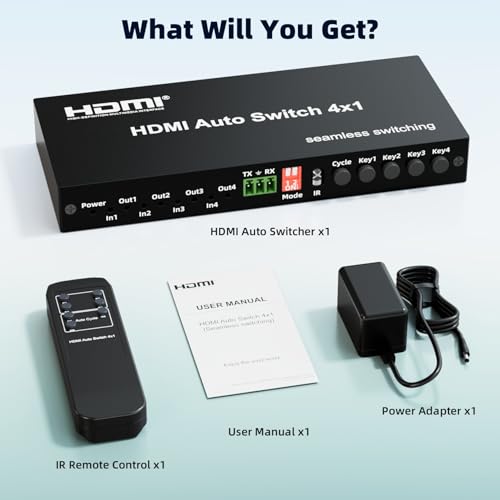 HDMI Switch 4 In 1 Out, 1080P@60Hz 4 Ports HDMI Switch with Seamless Timing Cycle Switching, RS232, IR Remote, Supports Optical + 3.5mm L/R Audio Extractor, Auto Switch for DVD, HD Player, PS4, TV Box