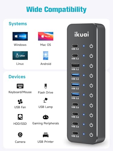 Powered USB Hub, ikuai 10-Port USB 3.2 / USB C Hub, with 3 10Gbps Data Ports and 7 USB 3.0 Ports (4 USB-C + 3 USB-A) for Mac PC Laptops and More - size: 10-Port USB 3.2 Hub