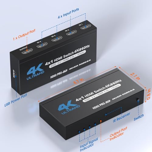 HDMI Splitter 4 in 1 Out, NerdEthos HDMI Switch with Remote LED Indicators, 4 Port Switcher Box Supports 4K@60Hz HDR10 HDCP 2.2 3D Dolby DST, for PS4 Xbox Fire Stick PC and More
