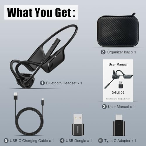 Open Ear Headphones with Mic, Bluetooth 5.1 Headset, aptX Low Latency | Air Conduction Headphone with Mute Button, Lightweight, USB A&C Dongle, Wireless Headset for Online Meeting/Call Center