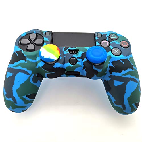 Silicone Skin Cover for Ps4 Controller (1pc Anti-Slip Case, 1 Pair L2 R2 Trigger Extender, 4pcs Thumb Grips,4pcs LED Light Bar Decal) Protector for DualShock PS4/ Slim/Pro Controller (Blue camouflage) - color: Blue camouflage