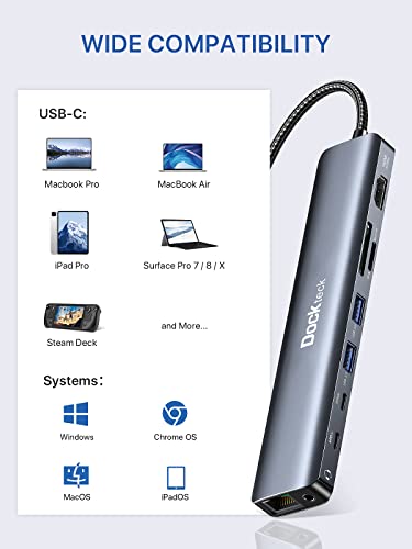 Dockteck 9-in-1 USB-C Hub: HDMI 4K@60Hz, Ethernet, 100W PD, Audio, 2x USB-A 5 Gbps, SD/TF Card Reader for MacBook, iPad, XPS, Microsoft - style: Pro Max series