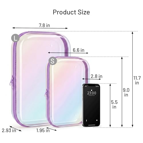 Clear Hard Shell Organizer Cases, 2 Pack | Iridescent PET shell with water-resistant, scratch-resistant surface for travel, toiletries, electronics and daily essentials - color: Purple2