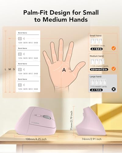 KYSONA Ergonomic Mouse Wireless, Bluetooth Vertical Mouse, 5-Level Adjustable DPI, 2.4G Silent Switch Mice for Windows, MacOS, IPadOS, Laptop, PC, Pink - color: Pink