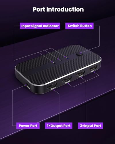 HDMI Switch 3 in 1 Out 4K@60Hz, 3 Port HDMI Switch 3 in 1 Out with Remote Support HDCP2.2 Compatible with Dolby Nintendo Switch PS5/4/3 Xbox Roku TV Fire Stick Blu-Ray Player