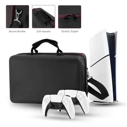Carrying Case Compatible with PS5 SLIM 2023, Hard Shell Travel Case Protective Bag for Play Station 5 Slim Disc and Digital Edition Console, Controllers, Vertical Base, Disc and Cable Accessories