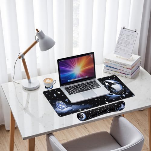 Moon Cat Desk Mat Set Starry Night Large Mouse Pad with Wrist Rest 4in1 Desk Mat for Desktop Ergonomic Computer Desk Arm Wrist Anti-Slip Computer Ergonomic Mouse Pad Home Office Gaming - color: Moon Cat