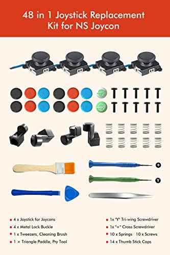 Joystick Replacement Kit for Joycon ( 48 in one), Joystick Replacement for Switch/ Switch Lite/ Switch OLED Joycon, Include 4 Thumb 3D Sticks, 4 Metal Buckles, 2 Screwdrivers, Pry Tool, 14 Thumbstick Grips