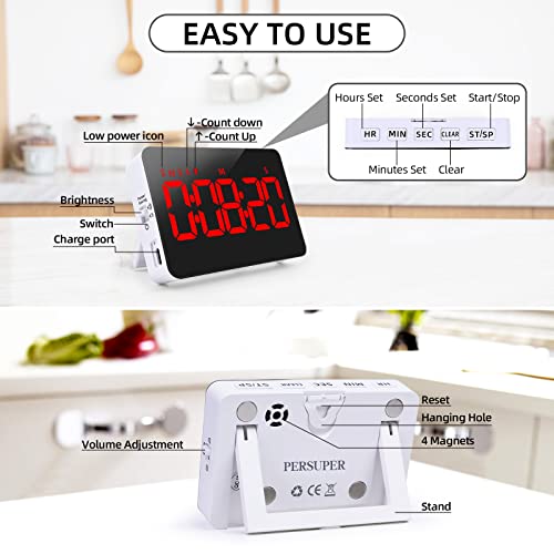 PERSUPER Digital Timer Kitchen Timer Count Down Up Rechargeable Kitchen Gadgets Vibration Mode Adjustable Volume and Brightness LED Display Time Management for Cook, Desk, Kids Adults Study Teaching | Adjustable Volume and Brightness LED Display, Time Man