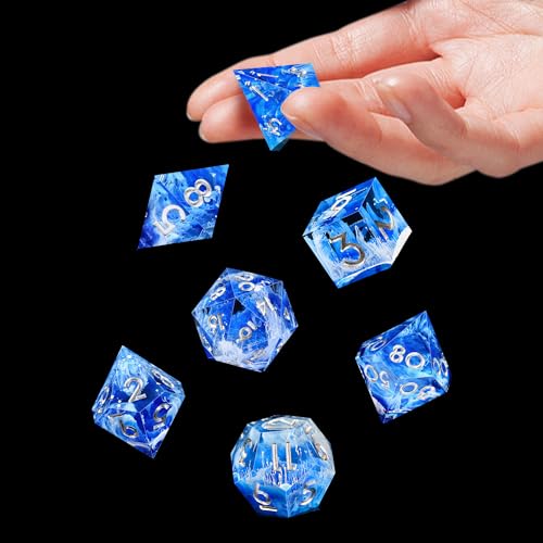 AUSTOR 7-Die DND Dice Set Handmade Sharp Edge Polyhedral Dice for Dungeons and Dragons D&D RPG MTG Table Games(Blue & Wave, Silver) - color: Blue & Wave,silver