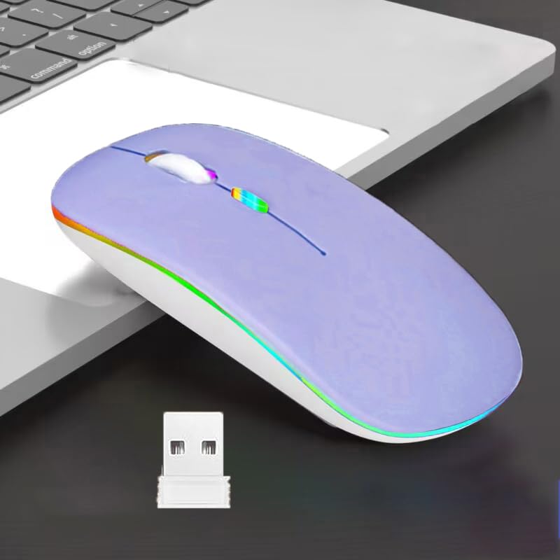 Guiheng Wireless Bluetooth Mouse,LED Dual Mode Rechargeable Silent Slim Laptop Mouse,Portable(BT5.2+USB Receiver) Dual Mode Computer Mice,for Laptop,Desktop Computer,ipad Tablet,Phone,Mac(Purple) - color: Purple