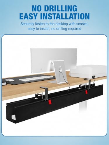 No Drill Under Desk Cable Management Tray, 90cm Cord Organizer for Table, Clamp/Screw Mount Desk Cable Management