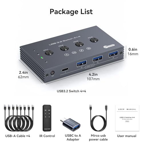 USB 3.2 Switch Selector 4 Computers Share 1 USBC & 3 USBA Devices 10Gbps 4 Port USB Switcher Sharing Keyboard Mouse Printer Scanner with Cable and Remote Control and a dapter - color: Silver Grey