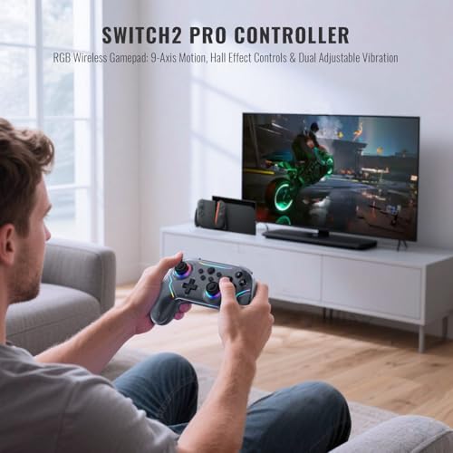 JDDWIN Wireless Pro Controller for Switch 2 with 9-Axis Motion Sensing,C Button,Hall Effect Joysticks, Wake-up/ RGB Light/FunctionTurbo/Marco/Programmable/Dual Vibration,3.5mm Audio Jack Gamepad forSwitch/Lite/OLED/PC (Black)