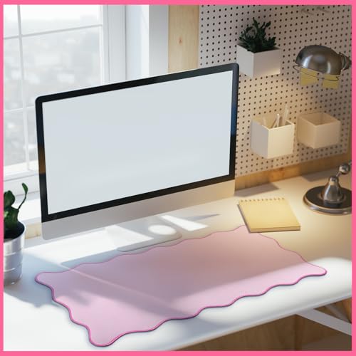 Hahafelt Scalloped Desk Mat Large Desk Pad Cute Coquette Table Mat Back to School Preppy Table Make up Pad Nonslip Graduation Gift with Stitching Waterproof Gaming(Pink,23.6 x 13.8 Inches) - color: Pink, size: 23.6 x 13.8 Inches