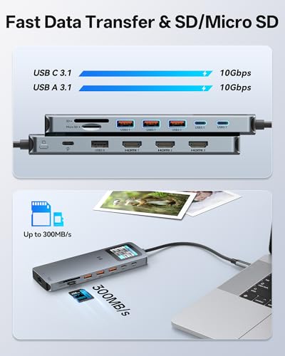 Selore Laptop Docking Station 3 Monitors USB C Docking Station 3 HDMI | Smart Display, Triple 4K HDMI, 2.5G Ethernet, 100W PD, 10Gbps USB A/C 3.1, SD/microSD Slot for Dell/HP/Lenovo Windows Laptops - color: Space Grey