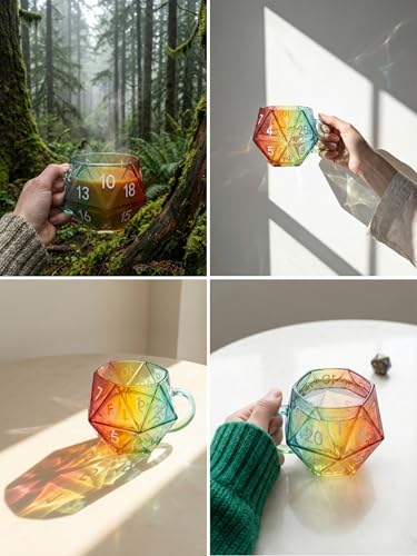 Rainbow Glass D20 Dice Mug – 12oz Iridescent Polyhedral Cup for Tabletop RPG Gaming – Unique D&D Gifts for Men, Game Masters– Novelty Coffee Dice Cup - style: Game