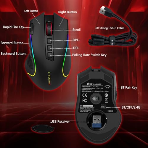 E-YOOSO Premium Wireless Bluetooth Versatile Mouse,8000 DPI,6 RGB Backlit | USB C Rechargeable,2.4G/BT/Wired,Rapid Fire Key,75-Hour Power Capacity,For Gaming/Office/Home/PC Computer/Laptop/Mac