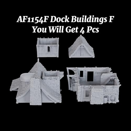 AUSPDICE DND Terrain 25mm 도크 빌딩, 도색되지 않은 항구 보관 풍경 | 던전 앤 드래곤 판타지 워게임용 크레이트 보관 베란다가 있는 1:64 스케일 다층 항구 창고 - AF1154F - color: Af1154f Dock Buildings F